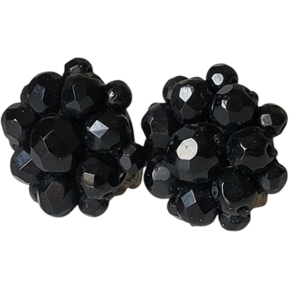 Vintage Earrings Women Black Beaded Cluster Clip On Western Germany Mid Century
